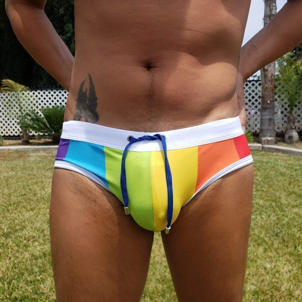 Men's Padded Rainbow Swim Briefs Enhancing Push-Up Cup Size Small